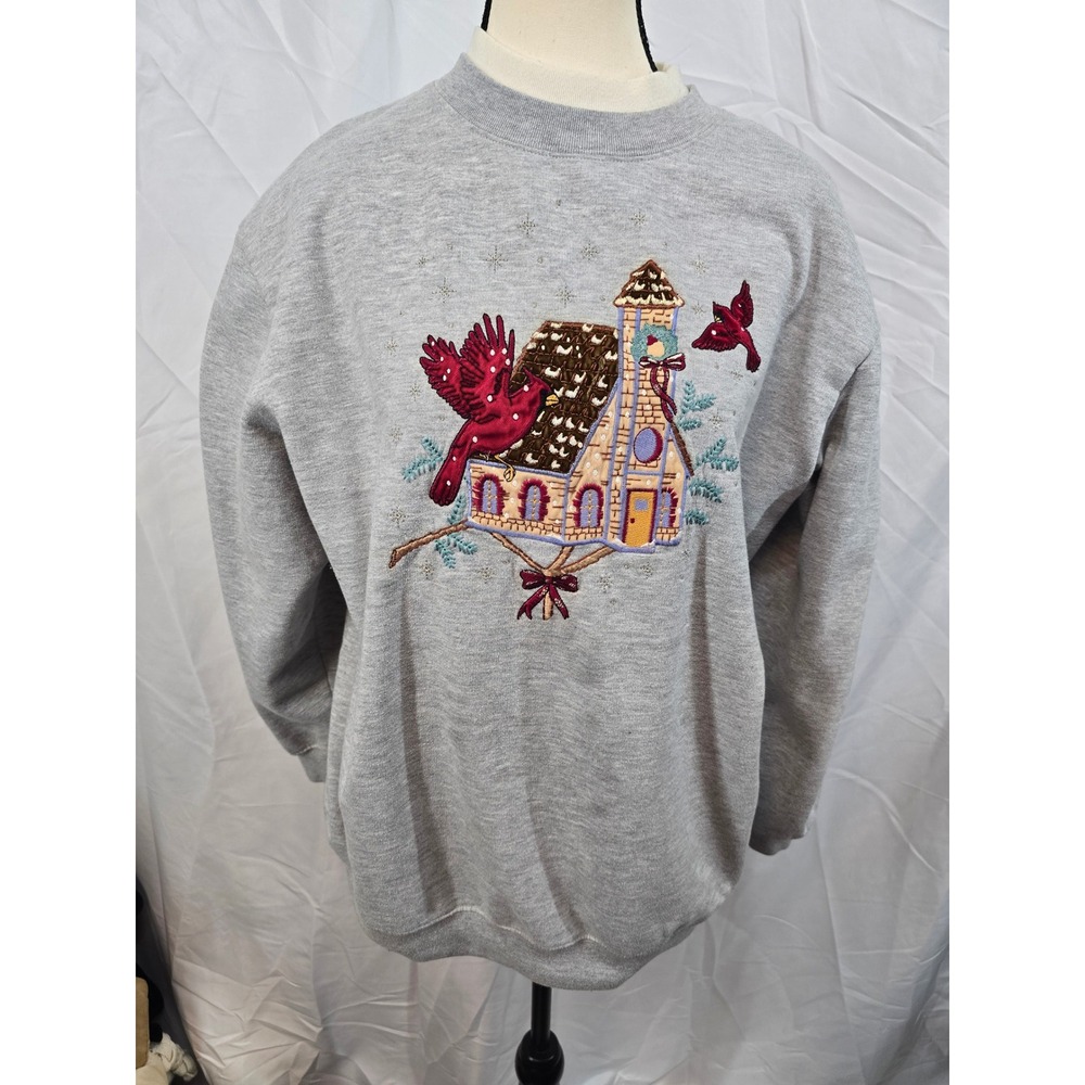 Bobbie Brooks Vintage Gray Cardinal Church Embroidered Sweatshirt XL BB329‎